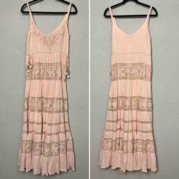 LOVE SAM Tiered Ruffle Beaded Lace Crochet Cinch Waist Sleeveless Maxi Dress S - Picture 4 of 7